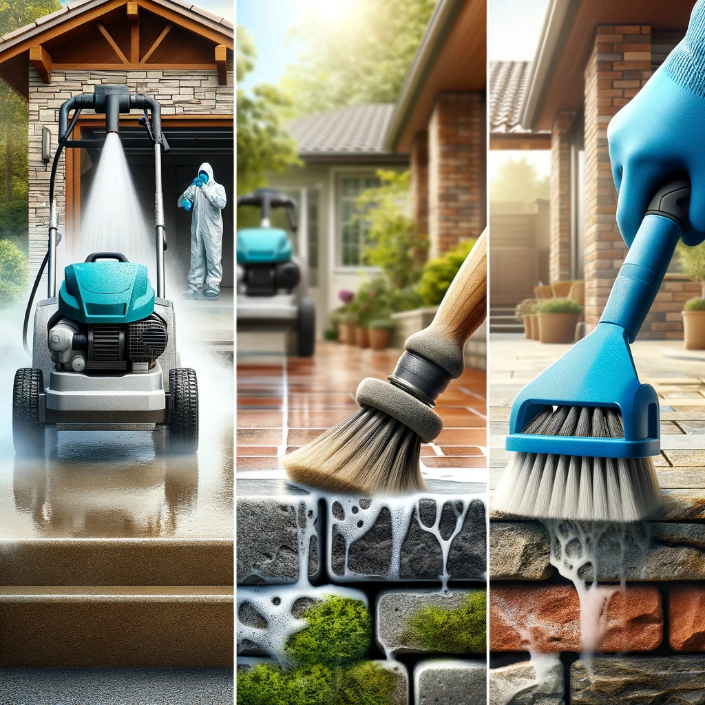 Pressure washer, scrub brushes. Image by AI.