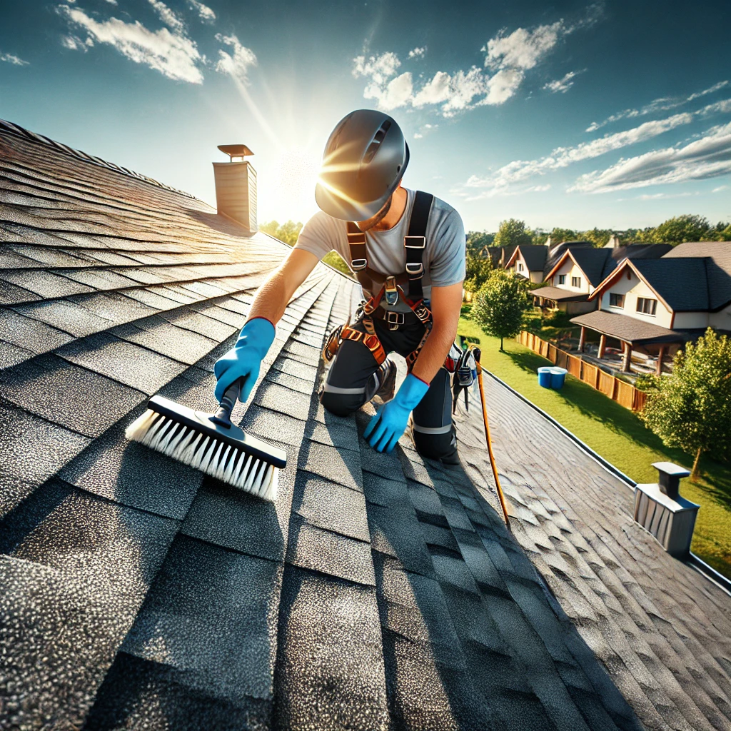 A high-angle view of a well-maintained roof with a person in safety gear, gently cleaning shingles with a soft-bristle brush. The roof is surrounded by clear blue skies, trimmed trees, and clean gutters. The image emphasizes the importance of safety and care in roof maintenance. Image by AI