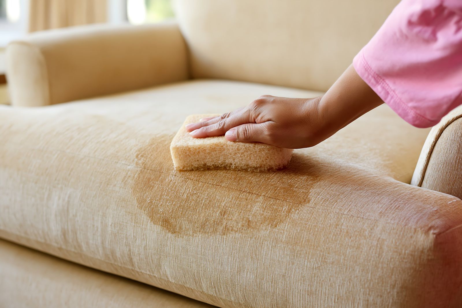 Hand blotting a stain on a beige sofa cushion with a sponge