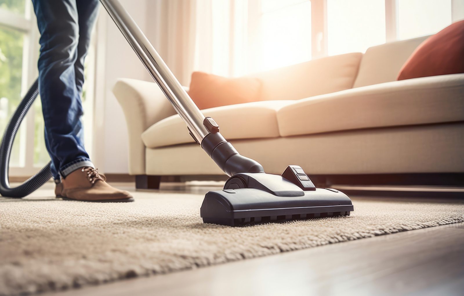 Vacuuming a beige carpet in a sunny living room
