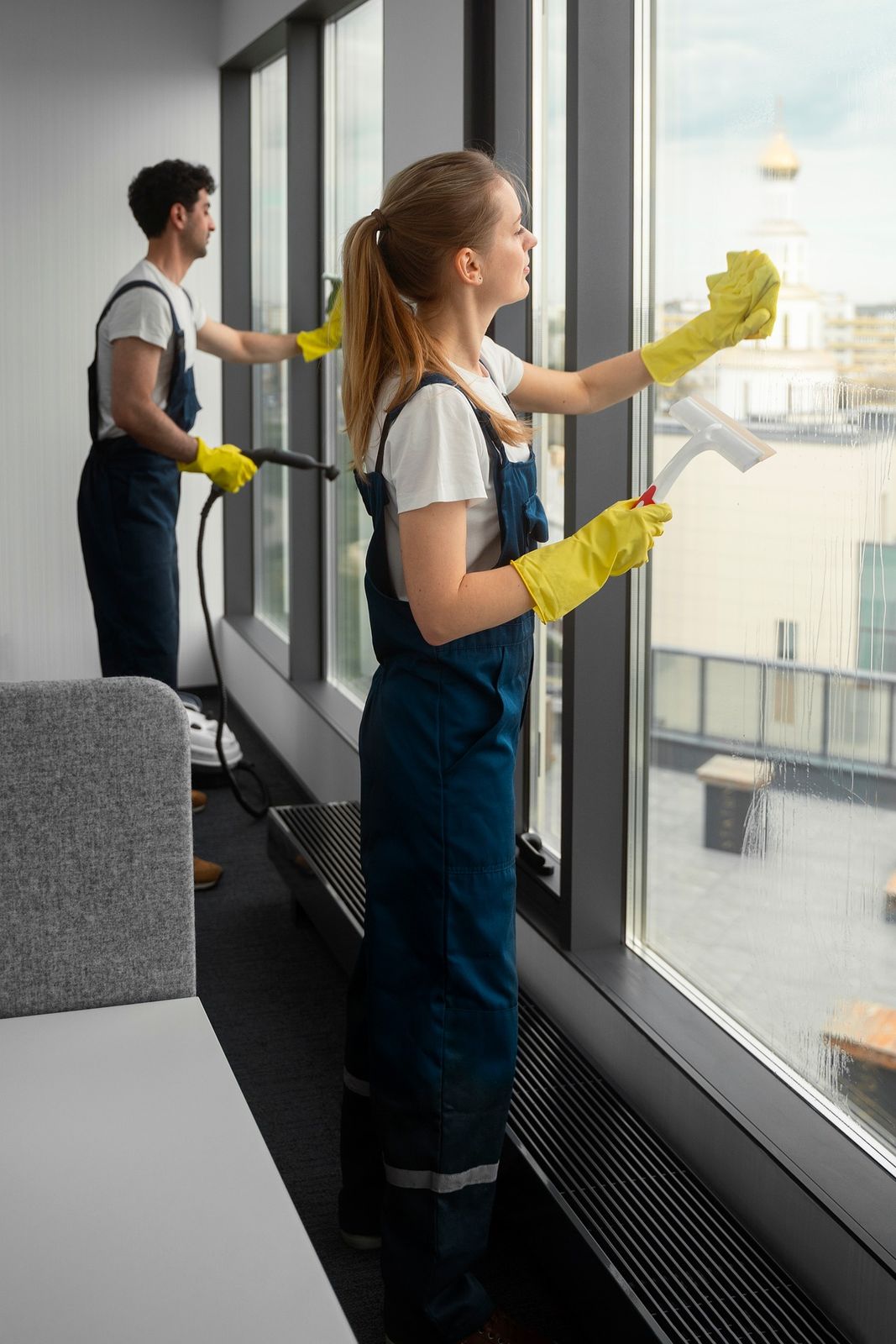 Two window cleaners in gloves washing tall office windows